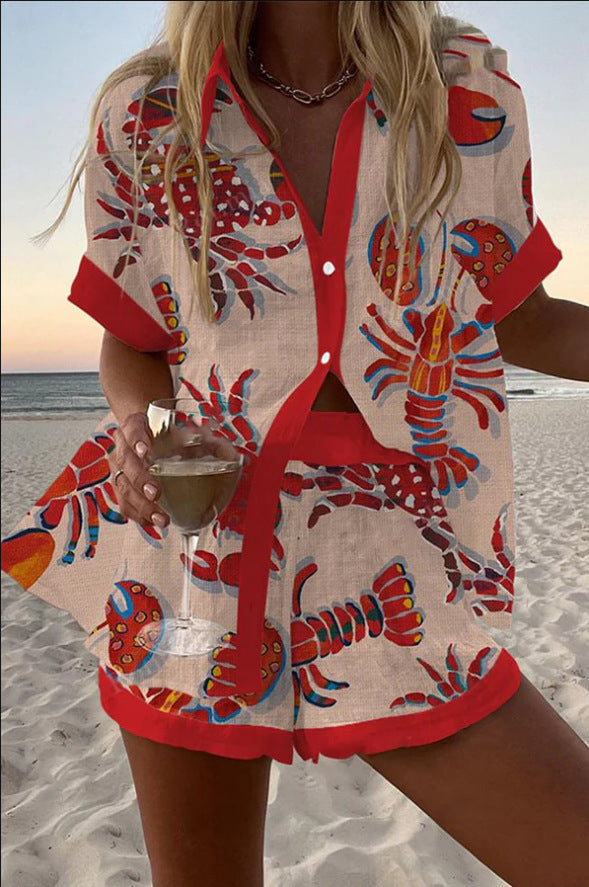 Daphira™ | Conjunto Corto de Lino con Estampado de Lagosta | Blanca Vela