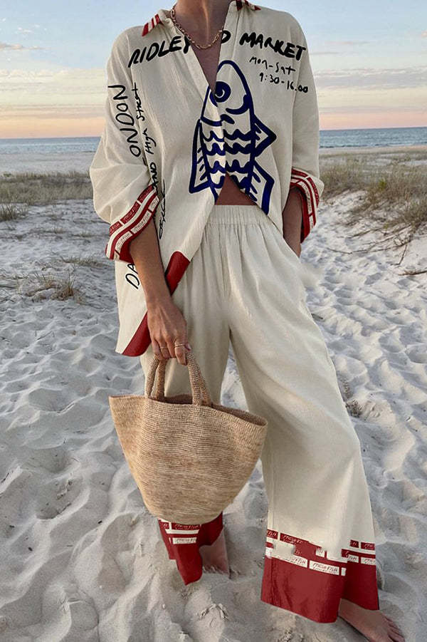 Rounelle™ | Conjunto de Linho com Padrão de Peixes Azuis | Blanca Vela