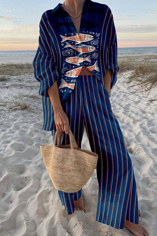 Zairine™ | Conjunto de Linho Estampado Koi Azul | Blanca Vela
