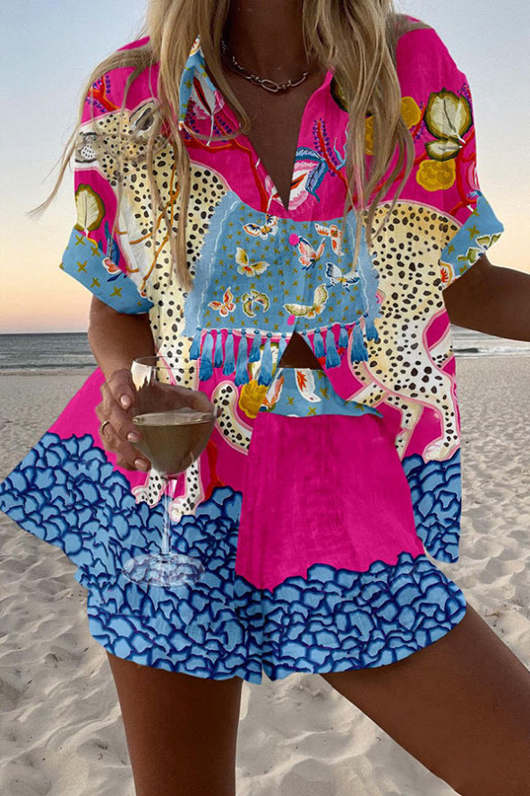 Belina™ | Conjunto de Calções de Linho com Padrão de Borboletas | Blanca Vela