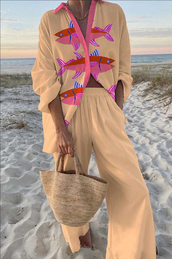 Evalisse™ | Conjunto de Linho com Padrão de Peixe Rosa | Blanca Vela