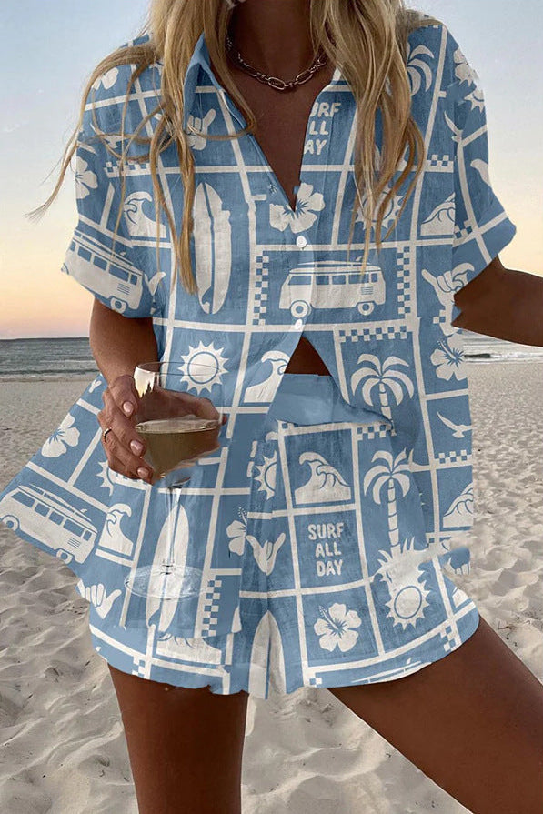 Trenara™ | Conjunto de Calções de Linho com Padrão de Caravanas | Blanca Vela