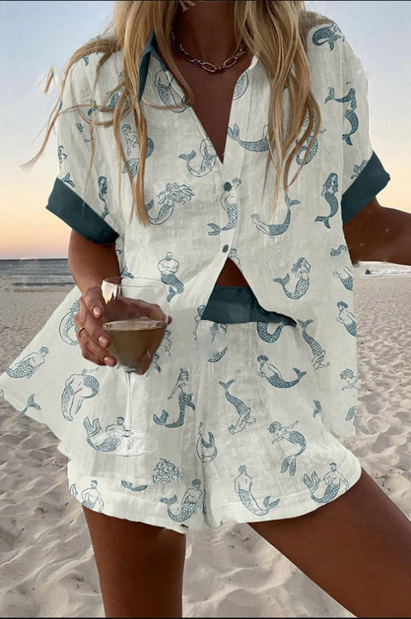 Jalira™ | Conjunto Curto de Linho Estampado Sereia | Blanca Vela