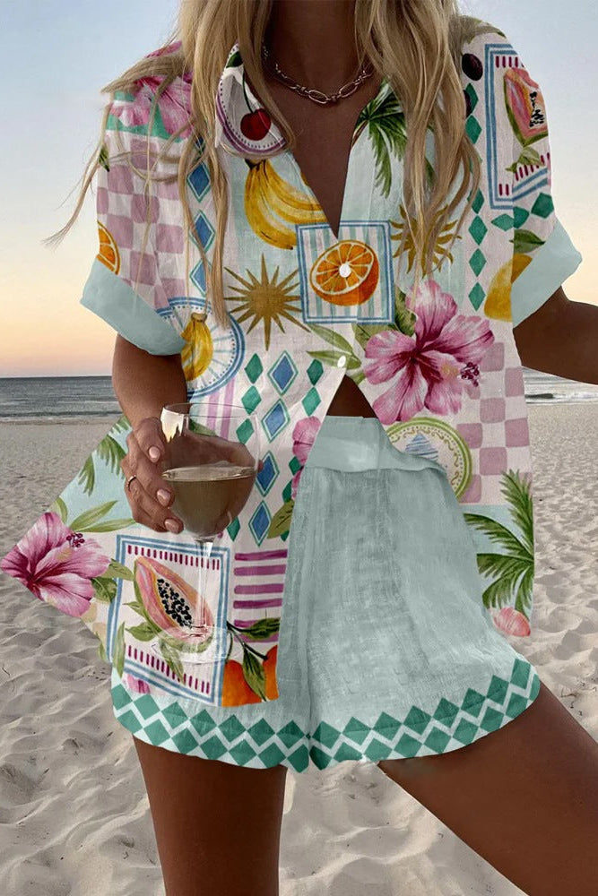 Maevin™ | Conjunto Curto de Linho com Estampa de Frutas | Blanca Vela