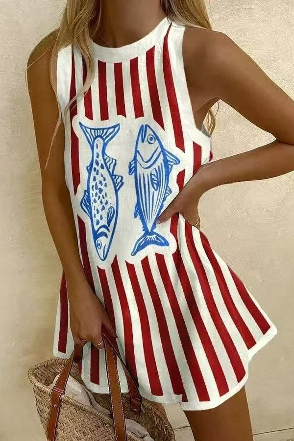 Delara™ | Mini Vestido com Estampado de Peixe | Blanca Vela