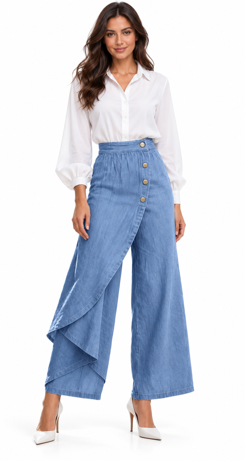 VAQUERO WIDE LEG AZUL CON PANEL ASIMÉTRICO | Blanca Vela