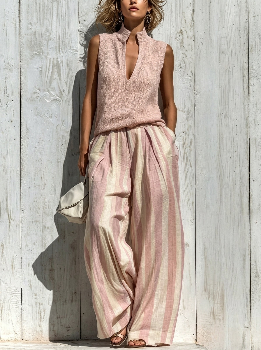 Sofía | Conjunto Elegante en Tejido Fluido: Top y Pantalón Palazzo a Rayas | Blanca Vela