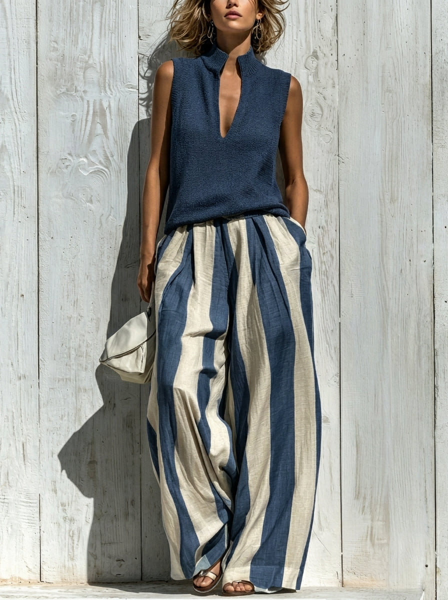 Sofía | Conjunto Elegante en Tejido Fluido: Top y Pantalón Palazzo a Rayas | Blanca Vela