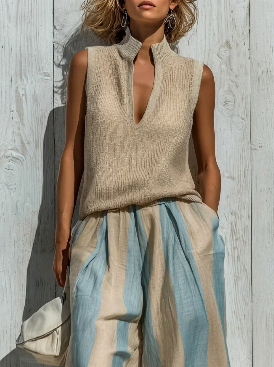Sofía | Conjunto Elegante en Tejido Fluido: Top y Pantalón Palazzo a Rayas | Blanca Vela