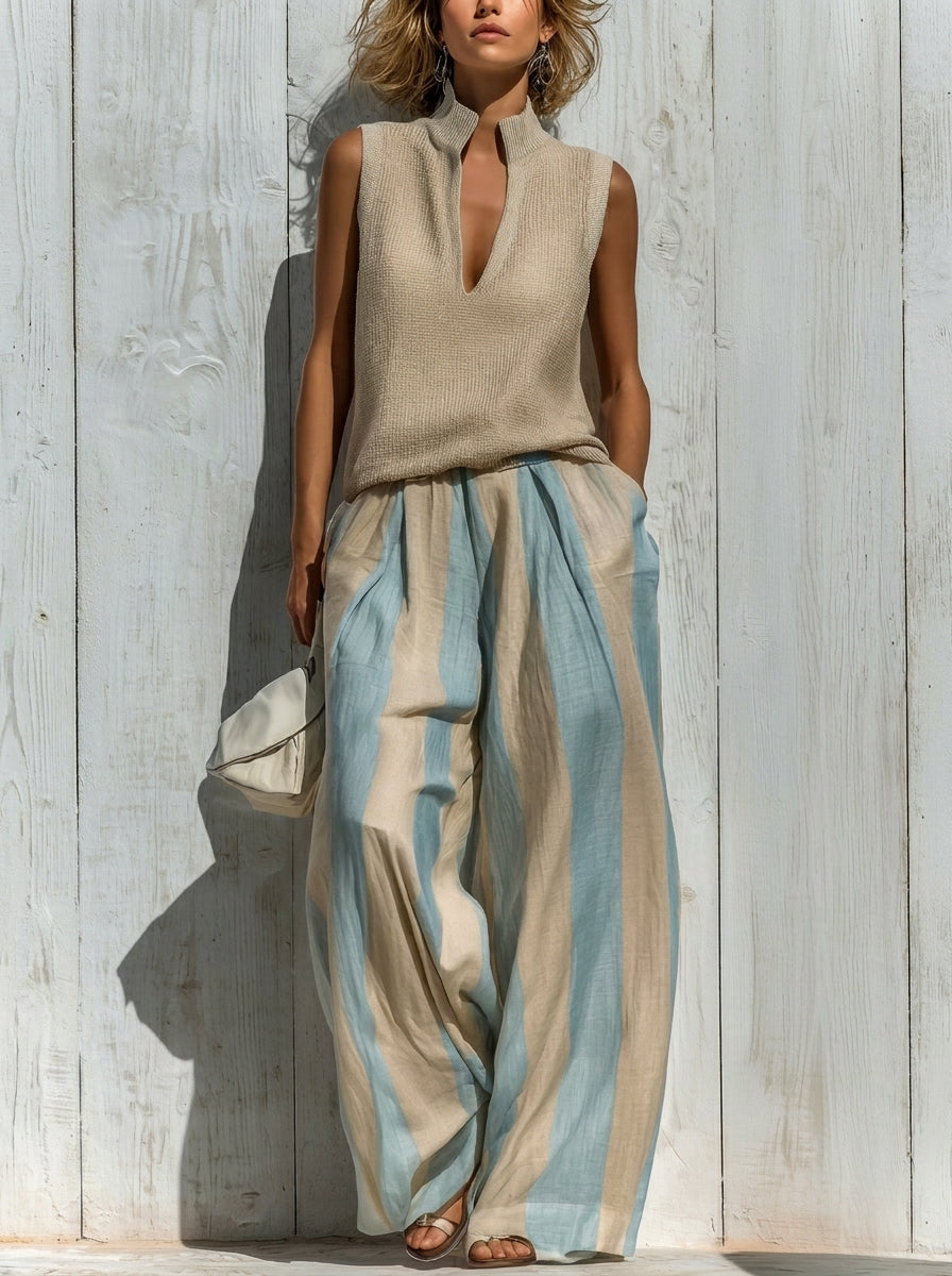 Sofía | Conjunto Elegante en Tejido Fluido: Top y Pantalón Palazzo a Rayas | Blanca Vela
