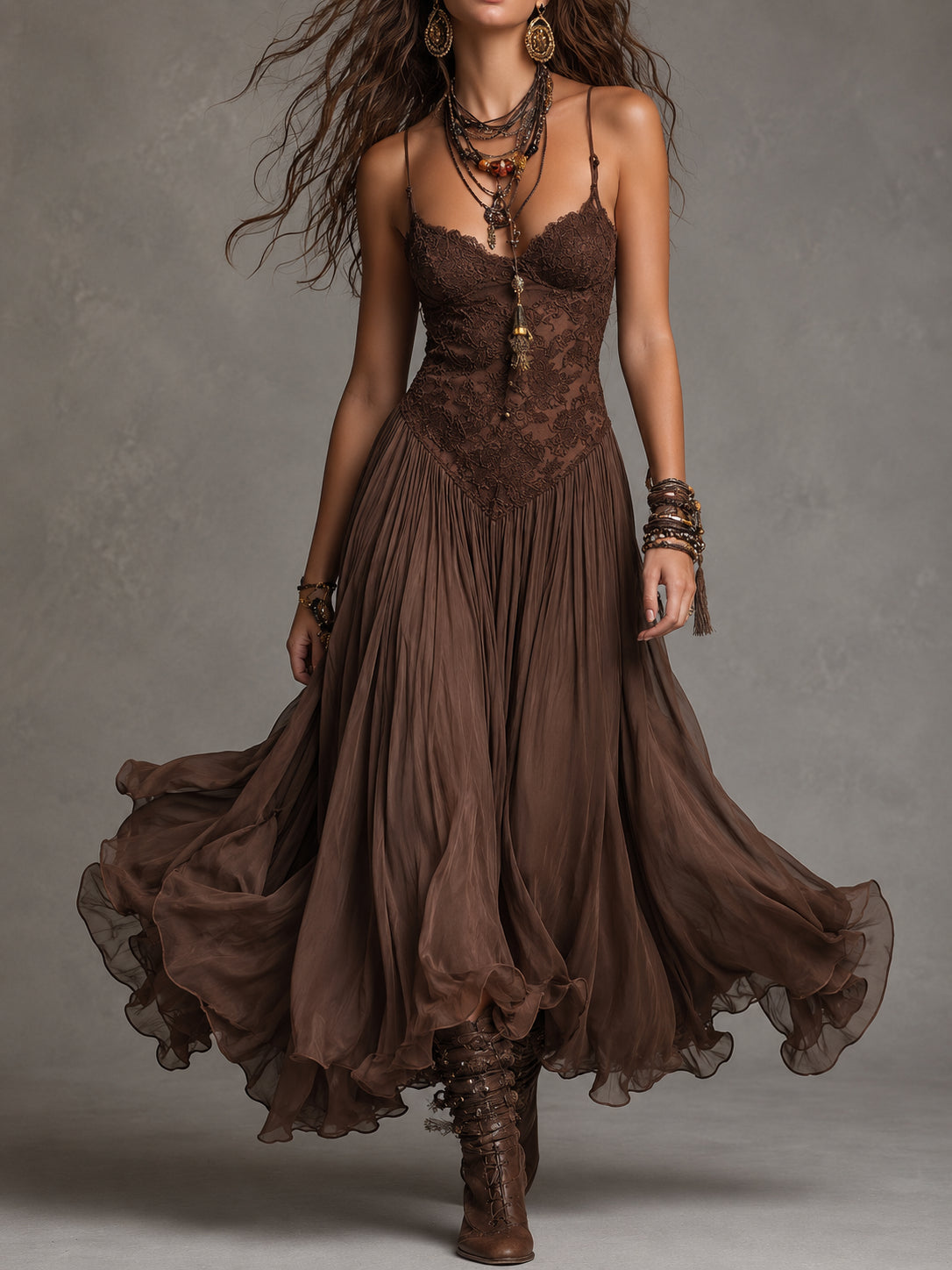 Federica | Vestido Maxi de Chifón y Encaje Marrón | Blanca Vela