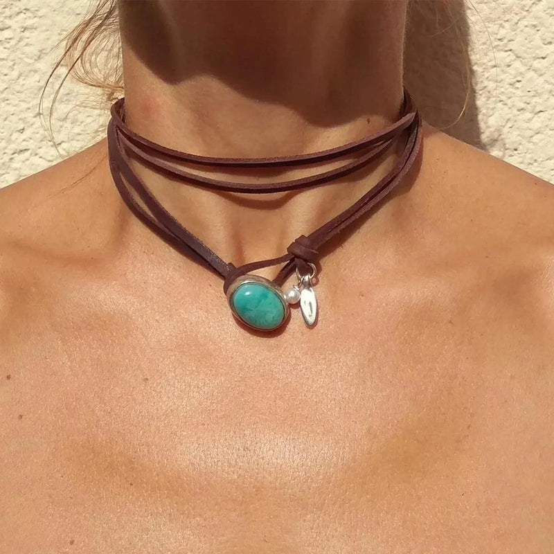 Agnese™ - Choker de Piel con Turquesa | Blanca Vela