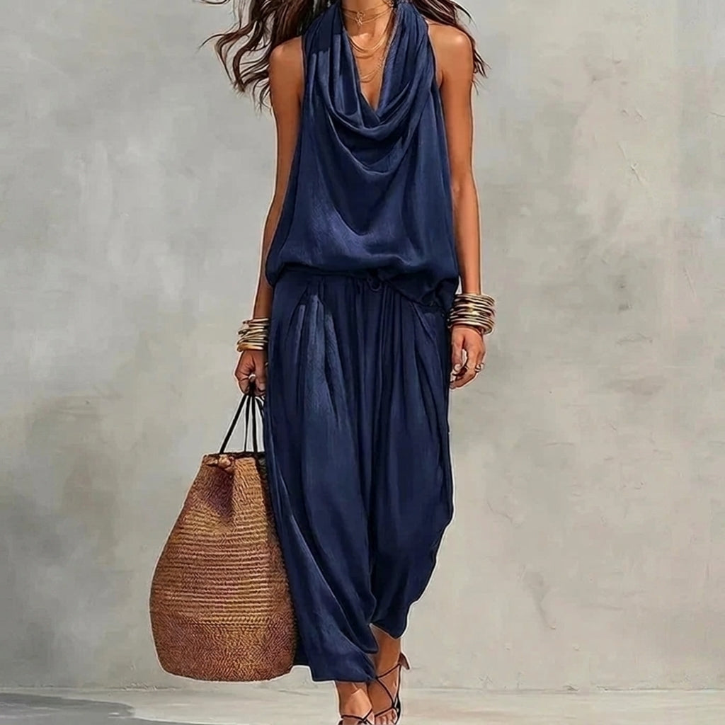 Ambre | Conjunto Fluido Top Halter Drapeado y Pantalón | Blanca Vela