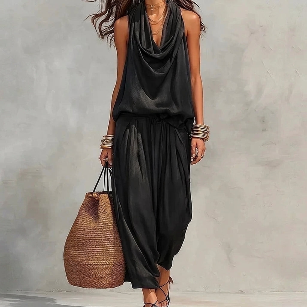 Ambre | Conjunto Fluido Top Halter Drapeado y Pantalón | Blanca Vela