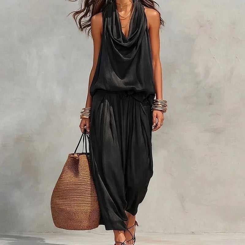 Ambre | Conjunto Fluido Top Halter Drapeado y Pantalón | Blanca Vela