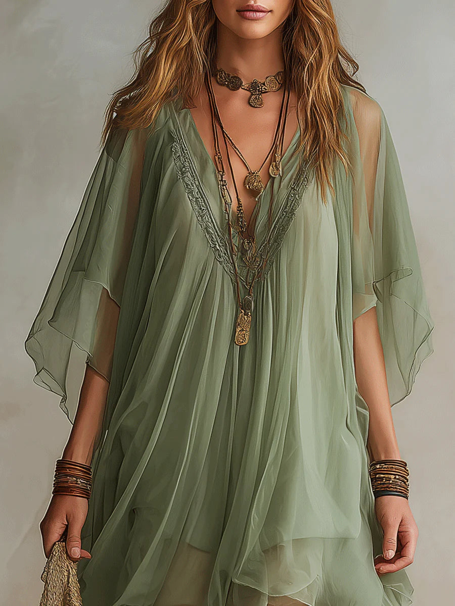 Émeraude | Mini Vestido Fluido Superpuesto, Cuello en V Verde | Blanca Vela