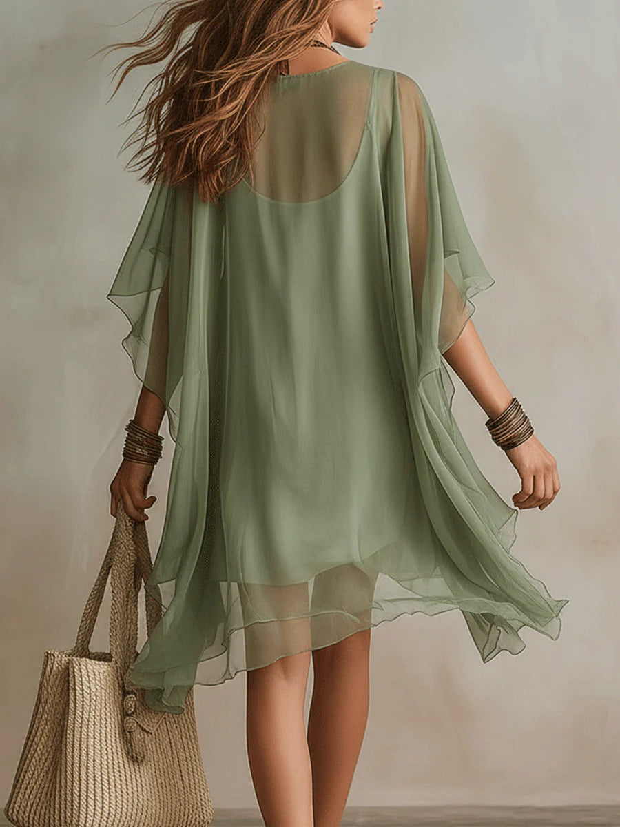 Émeraude | Mini Vestido Fluido Superpuesto, Cuello en V Verde | Blanca Vela