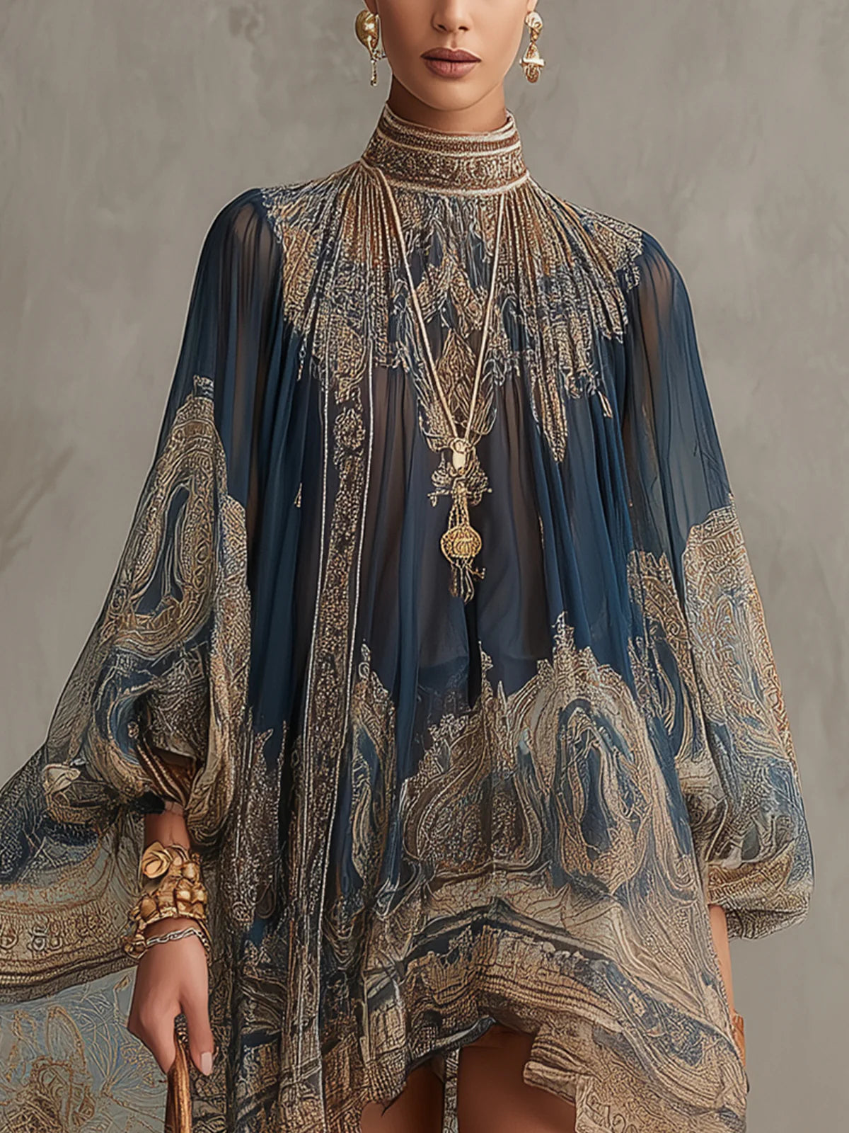 Bérénice | Mini Vestido Irregular Estampado Barroco Azul Marino, Cuello Alto | Blanca Vela