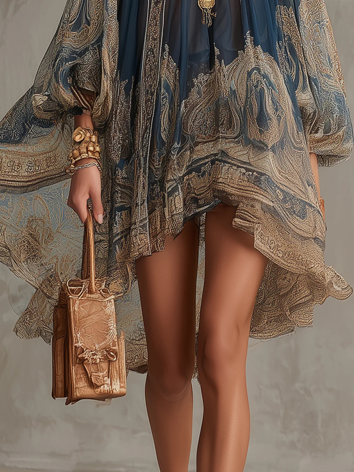 Bérénice | Mini Vestido Irregular Estampado Barroco Azul Marino, Cuello Alto | Blanca Vela