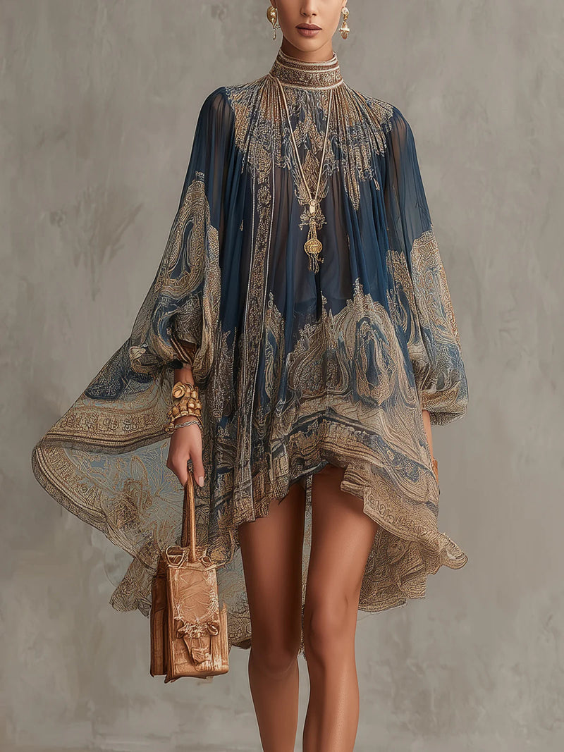 Bérénice | Mini Vestido Irregular Estampado Barroco Azul Marino, Cuello Alto | Blanca Vela