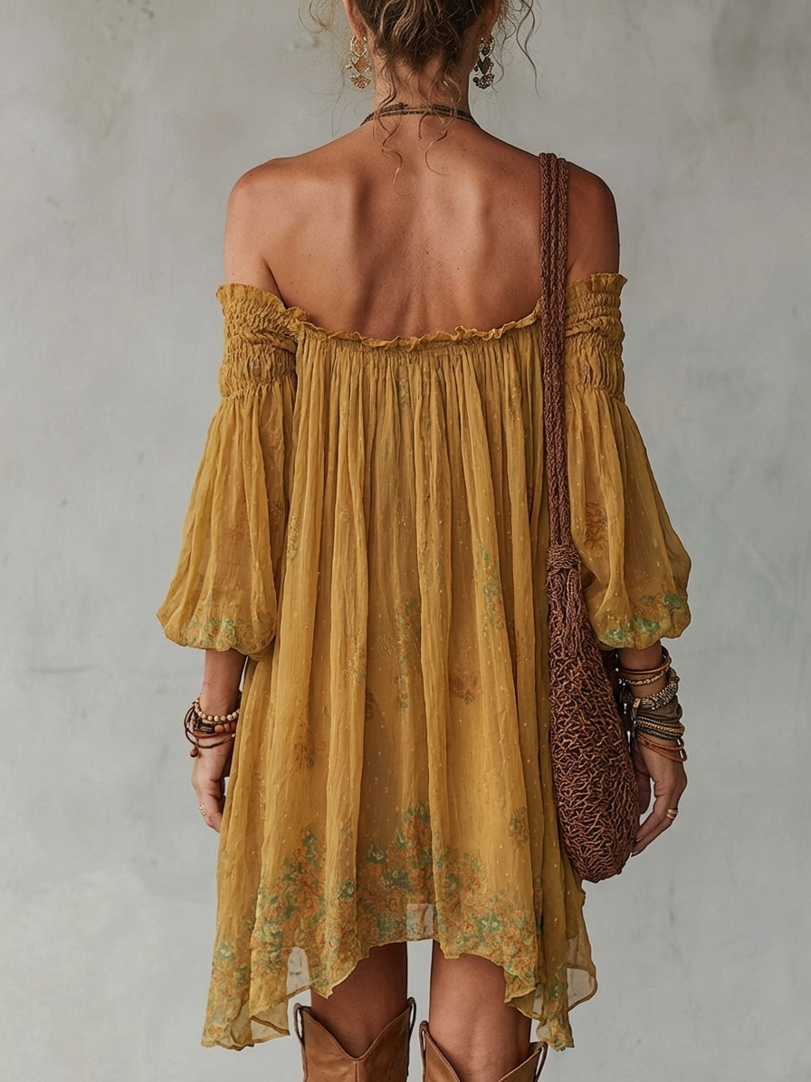 Jonquille | Mini Vestido Floral Amarillo, Hombros Descubiertos | Blanca Vela