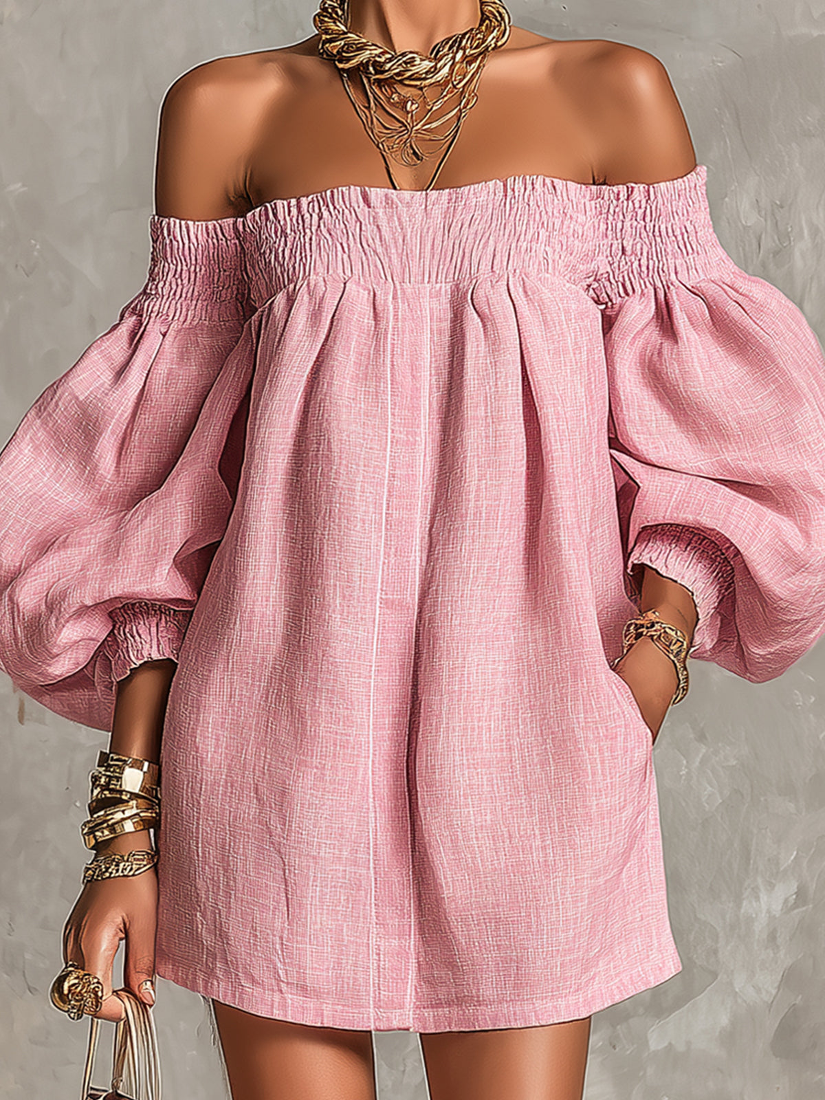 Rosabelle | Mini vestido trapecio suelto, mangas con linterna, hombros descubiertos en color rosa | Blanca Vela