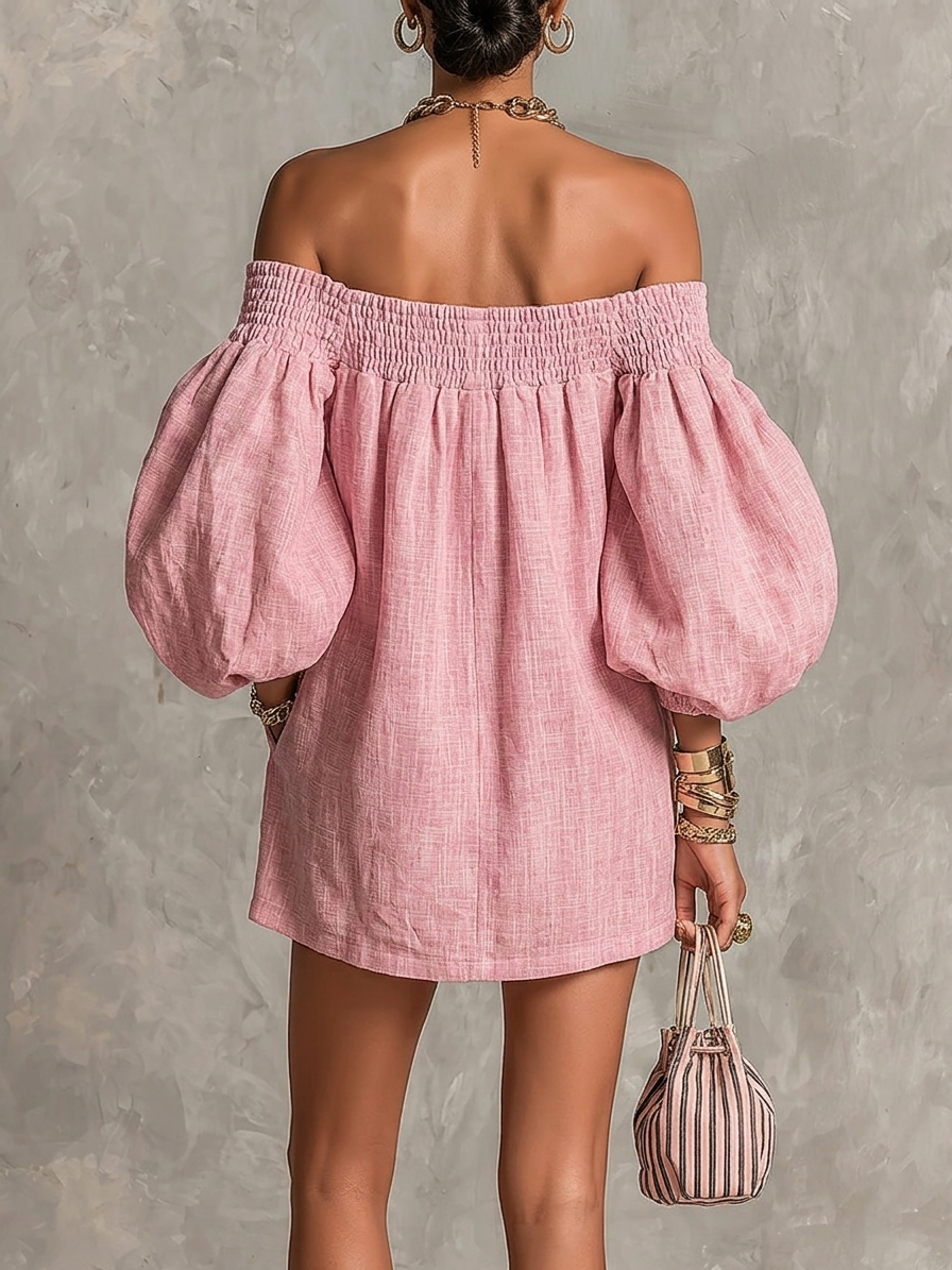 Rosabelle | Mini vestido trapecio suelto, mangas con linterna, hombros descubiertos en color rosa | Blanca Vela