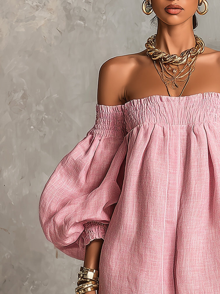 Rosabelle | Mini vestido trapecio suelto, mangas con linterna, hombros descubiertos en color rosa | Blanca Vela