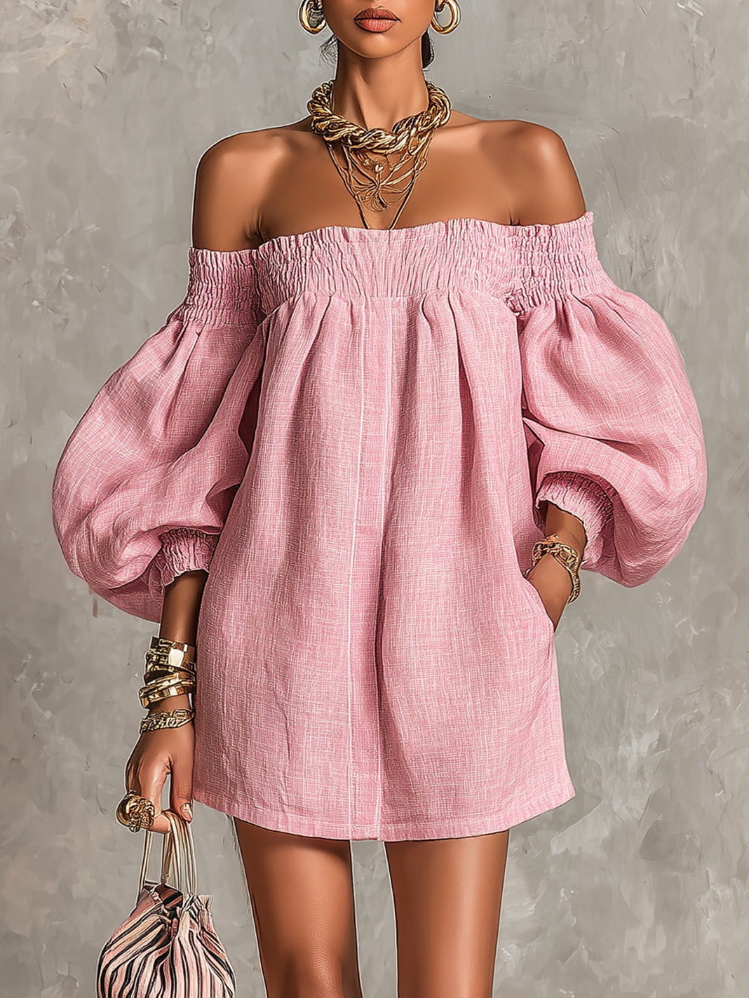 Rosabelle | Mini vestido trapecio suelto, mangas con linterna, hombros descubiertos en color rosa | Blanca Vela