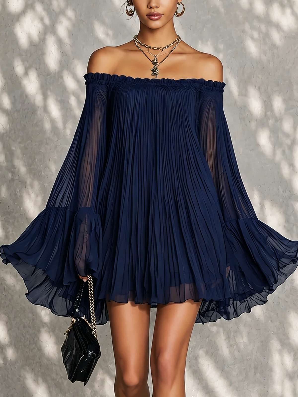 Ondine | Mini Vestido de Mangas Campana, Volantes, Hombros Descubiertos | Blanca Vela