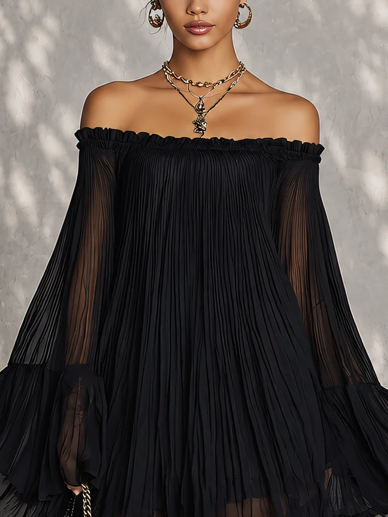 Zélie | Mini Vestido Negro, Mangas Campana y Volantes | Blanca Vela