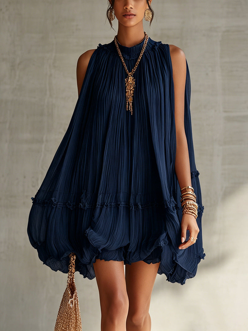 Océane | Mini Vestido de Volantes, Cuello Halter, Azul Marino | Blanca Vela
