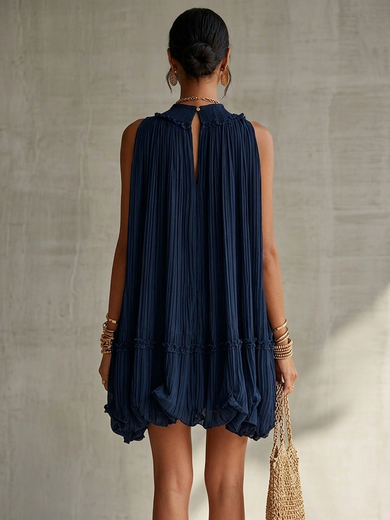 Océane | Mini Vestido de Volantes, Cuello Halter, Azul Marino | Blanca Vela