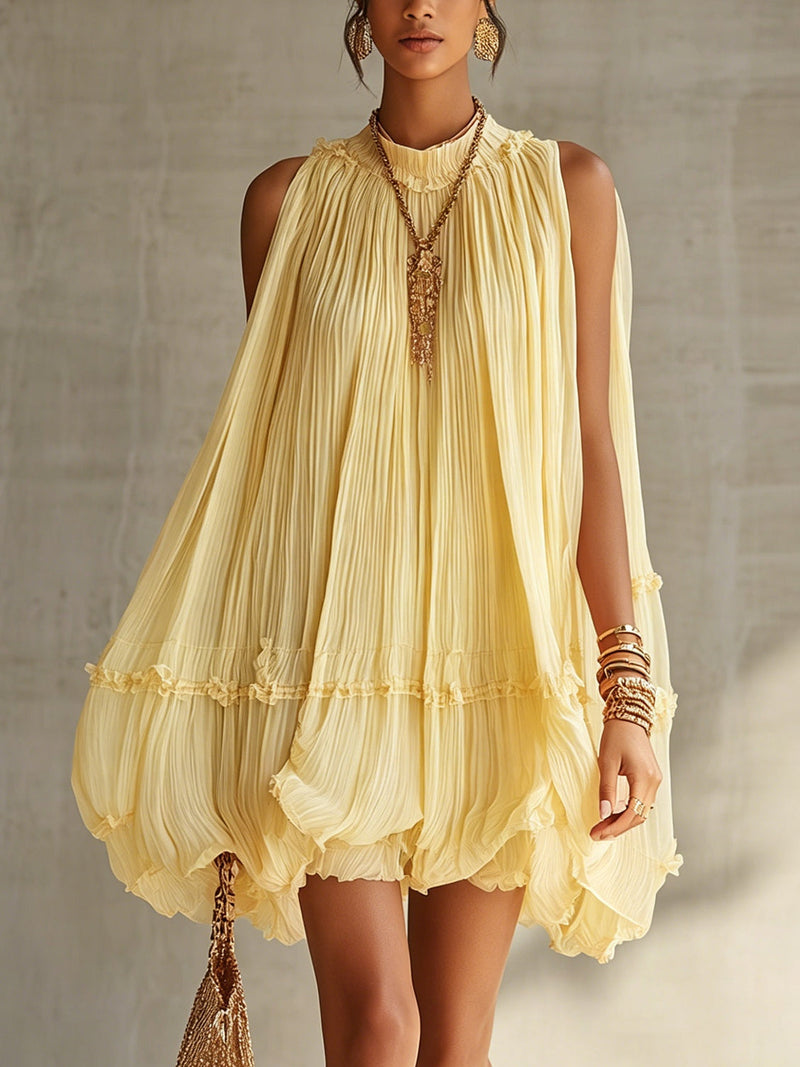 Margaux | Mini Vestido de Volantes, Cuello Halter, Amarillo | Blanca Vela