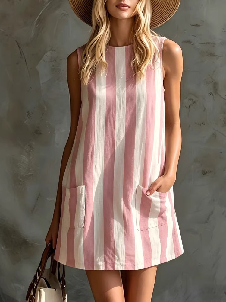 Margot | Mini Vestido de Rayas sin Mangas, Cuello Redondo | Blanca Vela