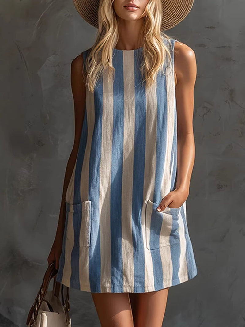 Margot | Mini Vestido de Rayas sin Mangas, Cuello Redondo | Blanca Vela