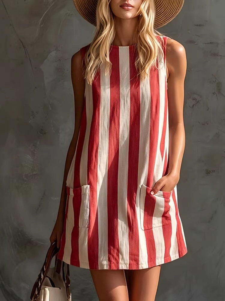 Margot | Mini Vestido de Rayas sin Mangas, Cuello Redondo | Blanca Vela