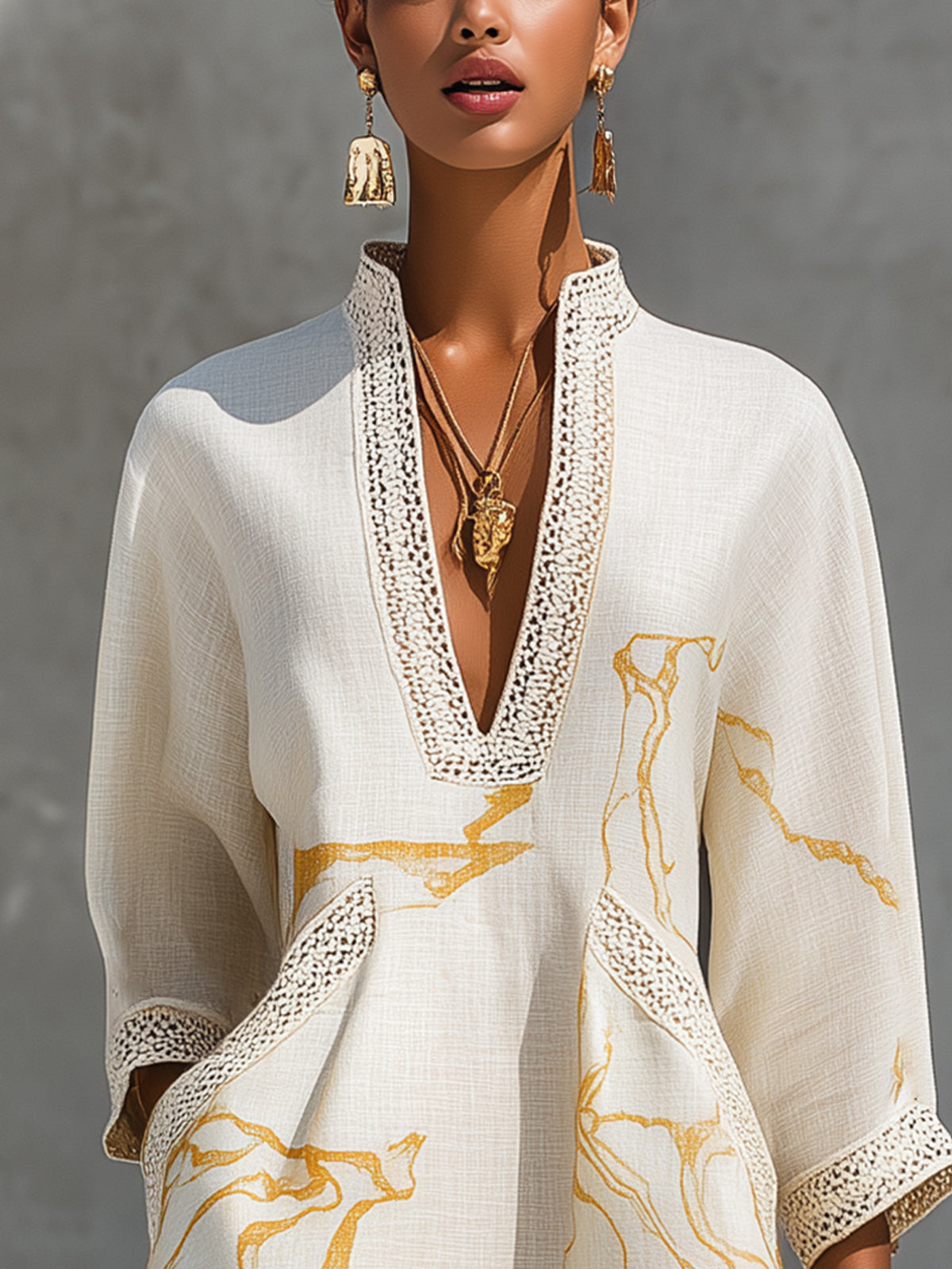 Vestido Mini Marfil | en Viscosa, Estampado Oro Marfil | Blanca Vela