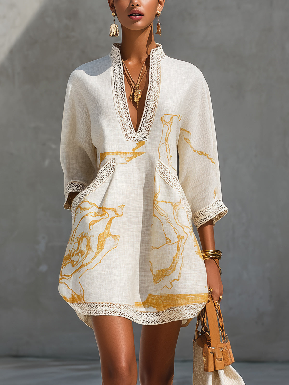 Vestido Mini Marfil | en Viscosa, Estampado Oro Marfil | Blanca Vela