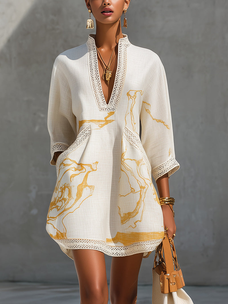 Vestido Mini Marfil | en Viscosa, Estampado Oro Marfil | Blanca Vela