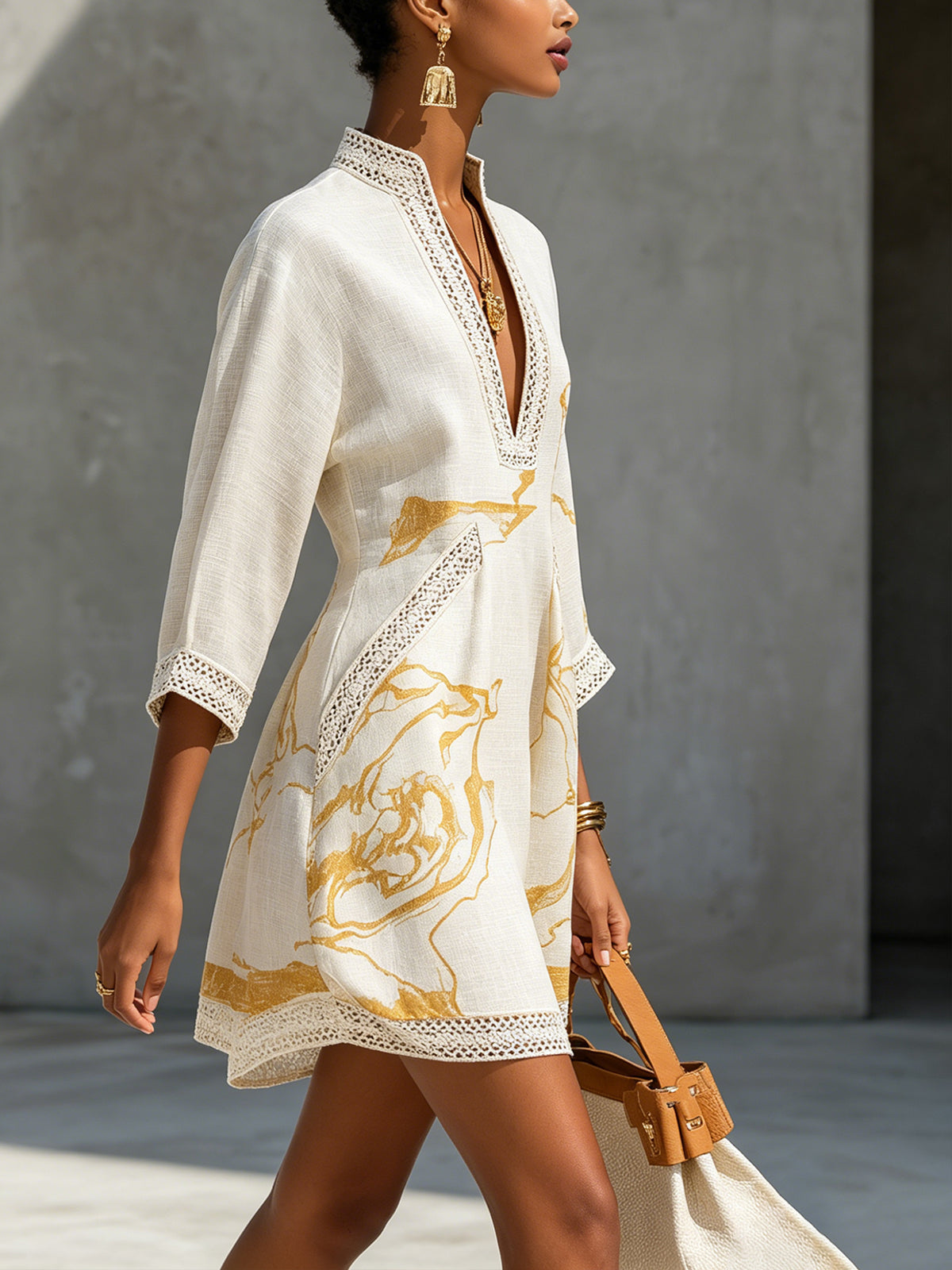 Vestido Mini Marfil | en Viscosa, Estampado Oro Marfil | Blanca Vela