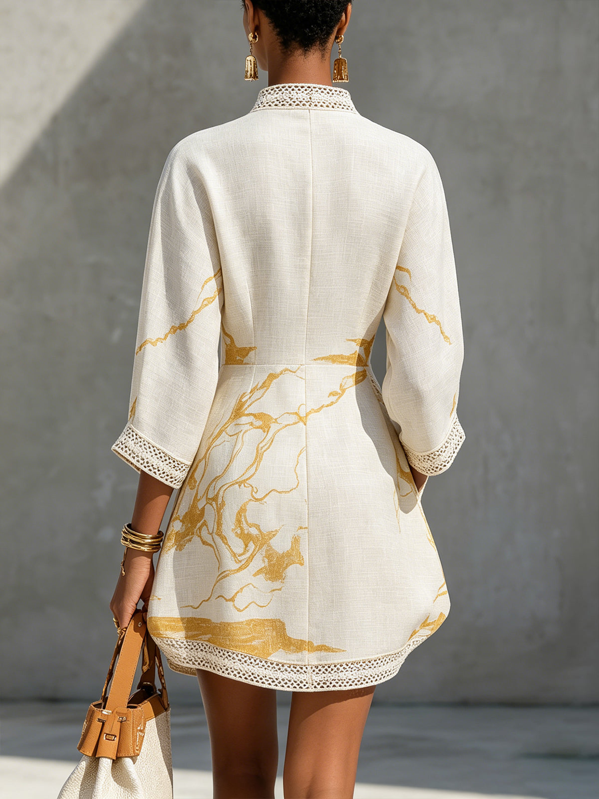 Vestido Mini Marfil | en Viscosa, Estampado Oro Marfil | Blanca Vela