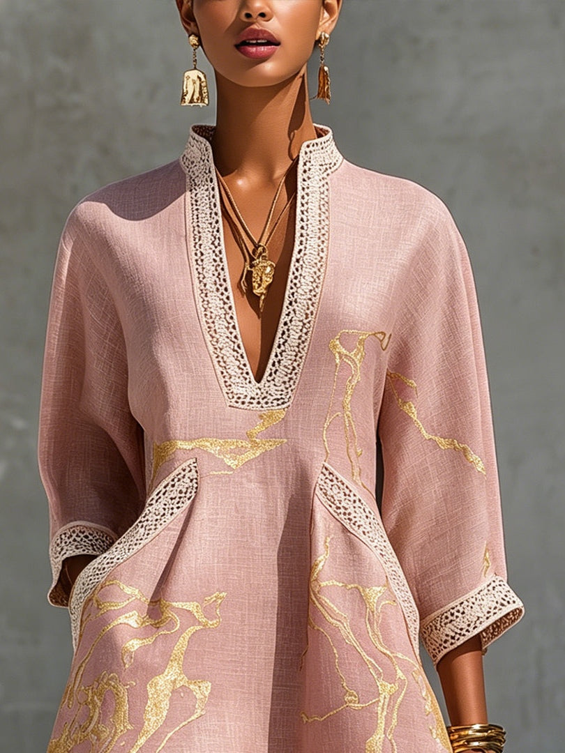 Aurore | Mini Vestido Cuello en V, Estampado Oro Rosa | Blanca Vela