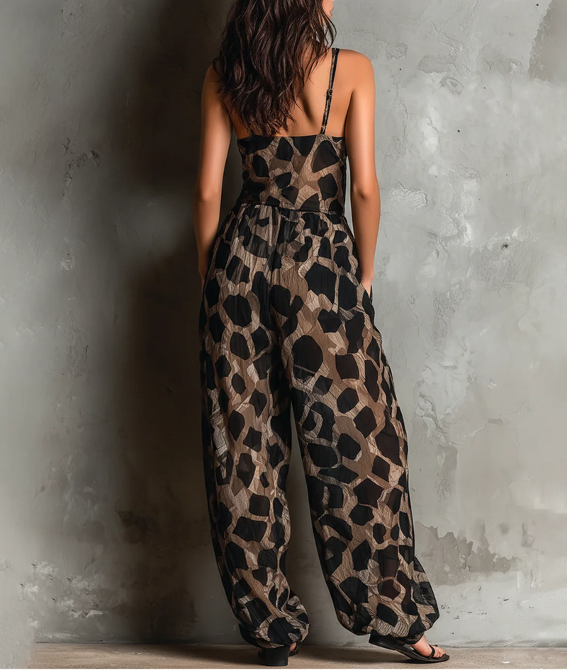 Roberta | Mono de Chifón Negro Animal Print | Blanca Vela