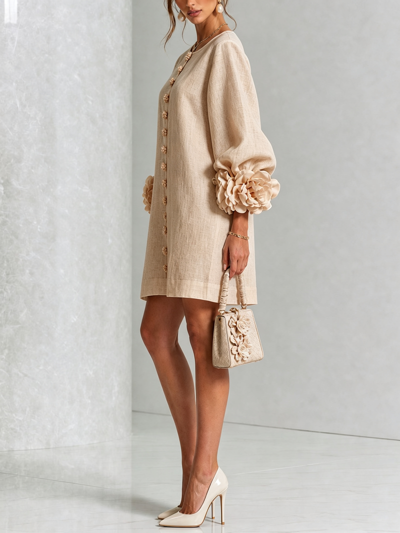 Ambra | Abito Mini in Misto Lino con Polsini a Rosa, Beige | Blanca Vela