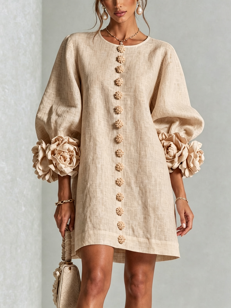 Ambra | Abito Mini in Misto Lino con Polsini a Rosa, Beige | Blanca Vela