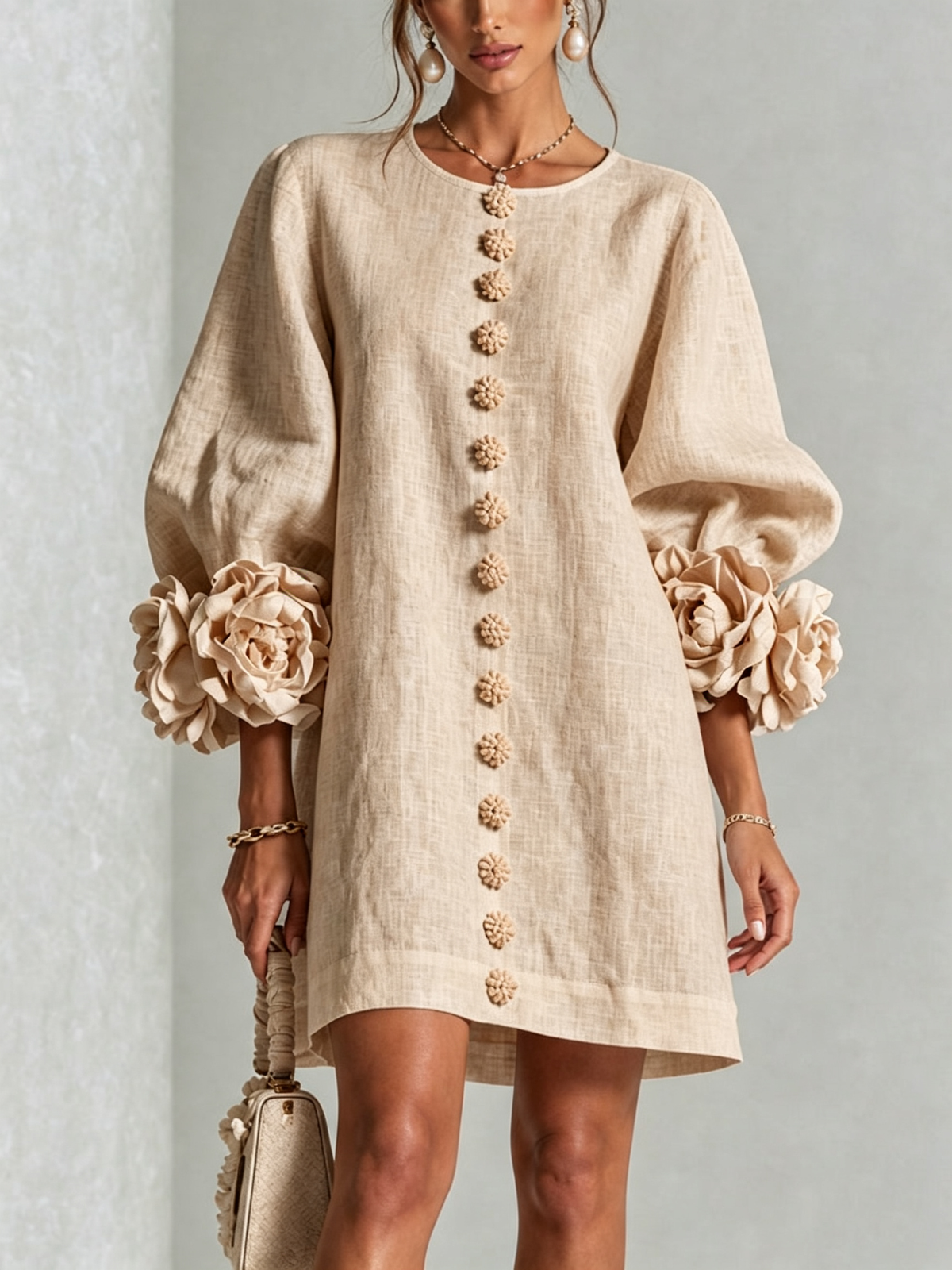 Cecilia | Vestido Mini de Mezcla de Lino con Puños Anudados en Flor | Blanca Vela