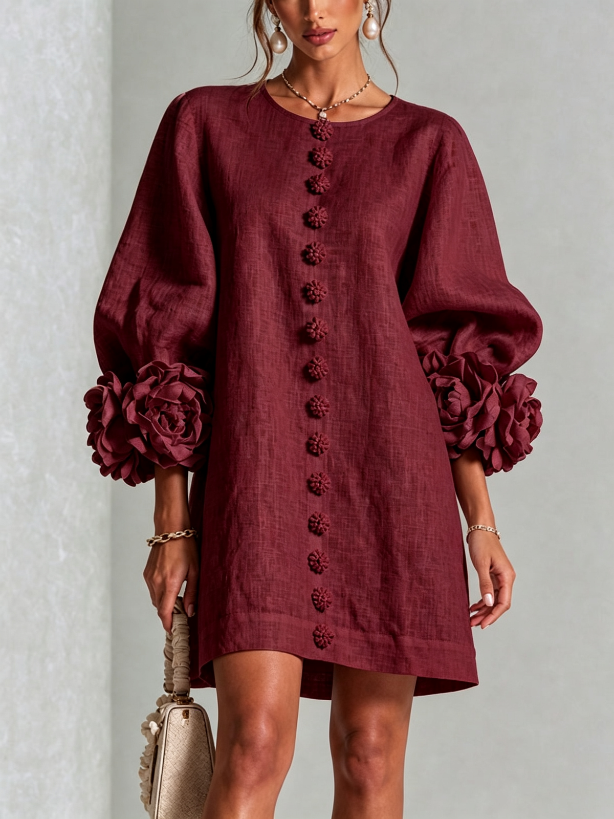 Ilaria | Abito Mini in Misto Lino con Polsini a Rosa, Bordeaux | Blanca Vela