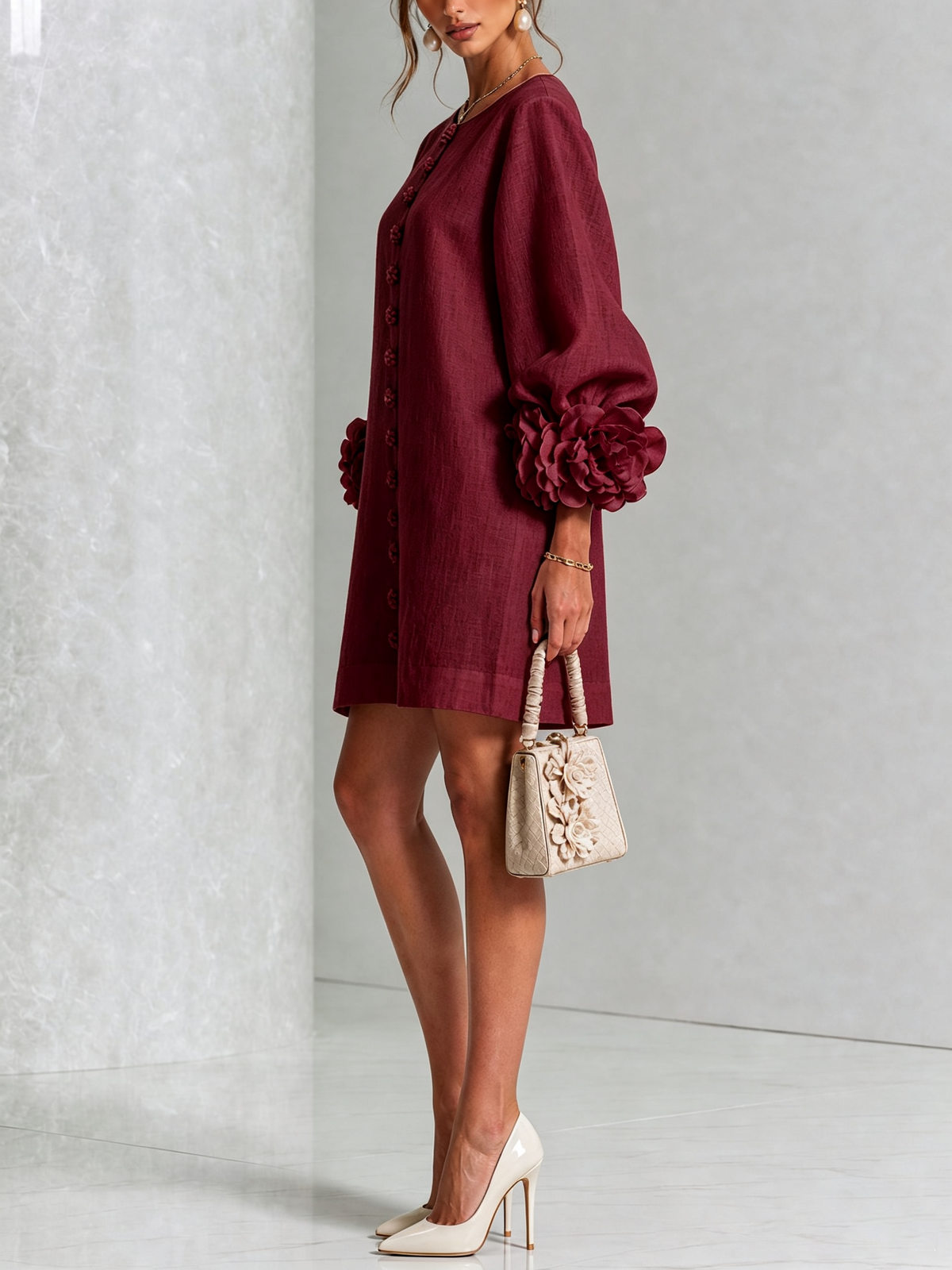 Ilaria | Abito Mini in Misto Lino con Polsini a Rosa, Bordeaux | Blanca Vela