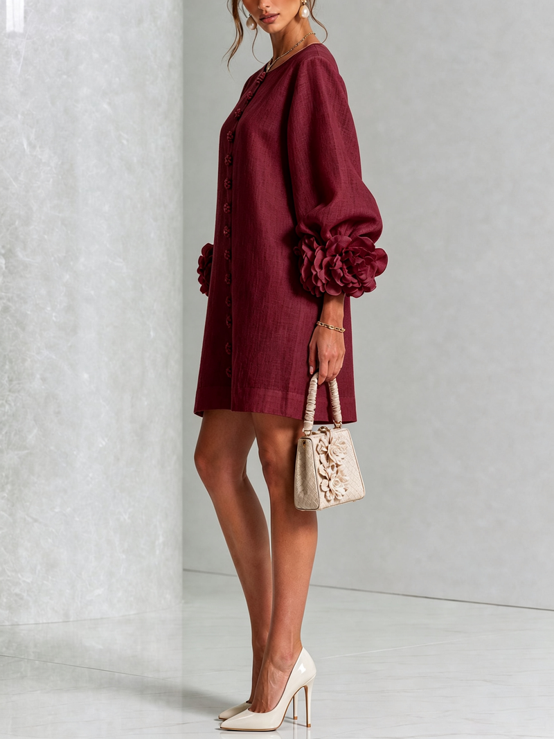 Ilaria | Abito Mini in Misto Lino con Polsini a Rosa, Bordeaux | Blanca Vela